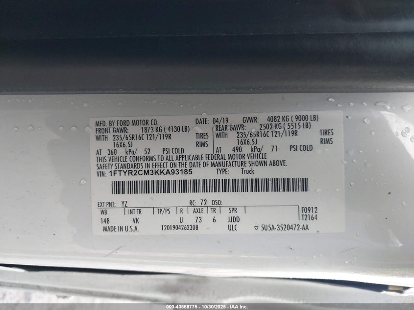 2019 Ford Transit-250 VIN: 1FTYR2CM3KKA93185 Lot: 43568775