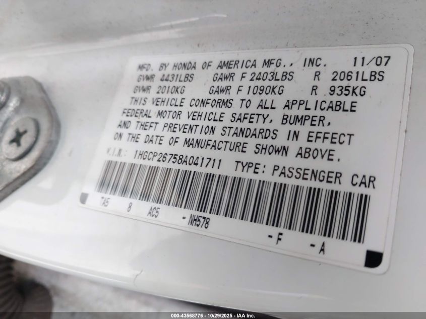 2008 Honda Accord 2.4 Ex VIN: 1HGCP26758A041711 Lot: 43568776