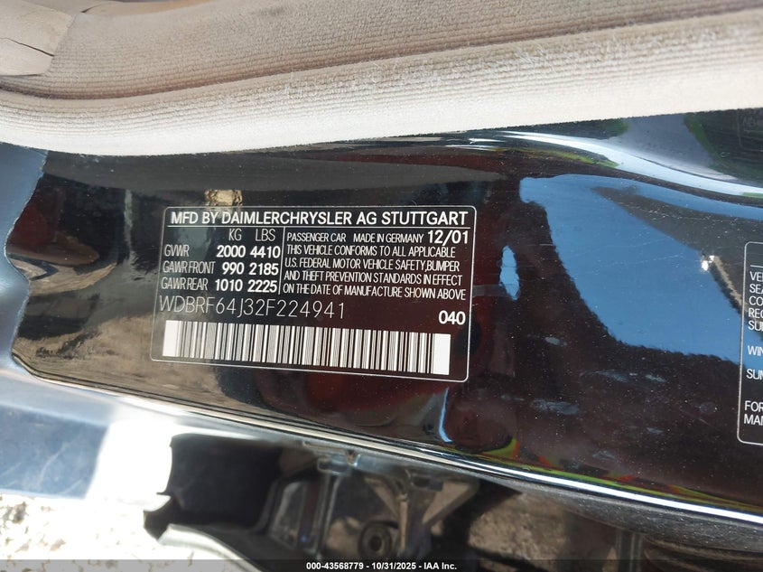 2002 Mercedes-Benz C 320 VIN: WDBRF64J32F224941 Lot: 43568779