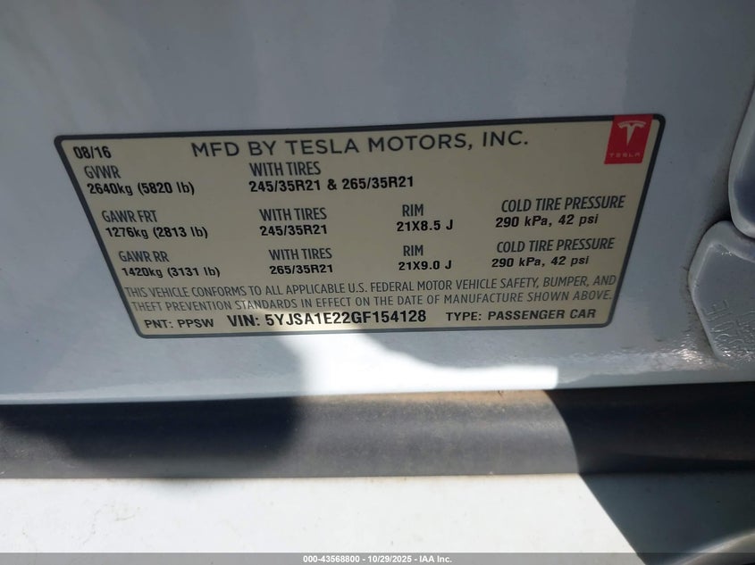2016 Tesla Model S 60D/70D/75D/85D/90D VIN: 5YJSA1E22GF154128 Lot: 43568800