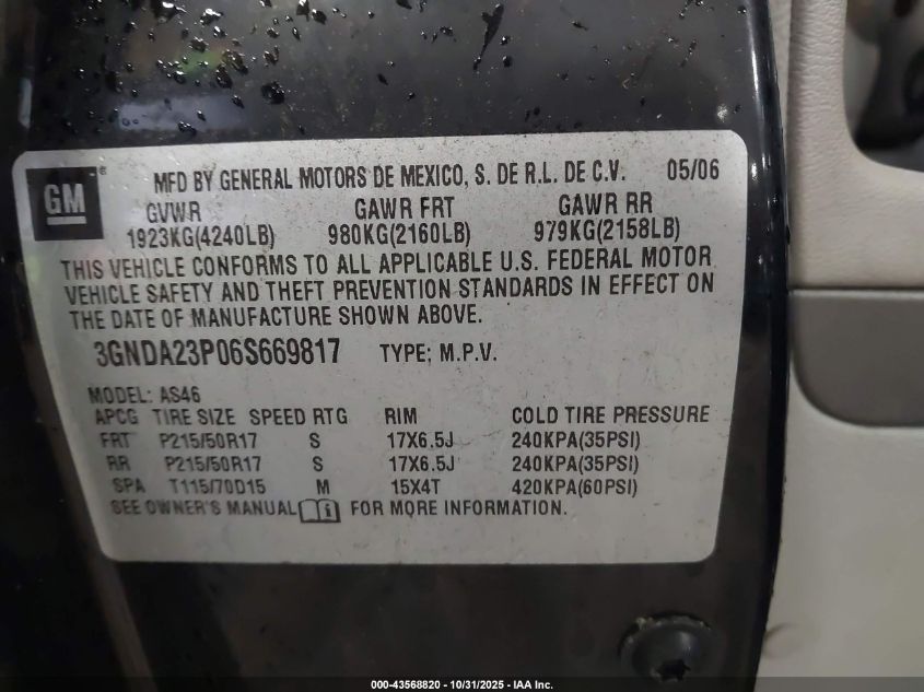 2006 Chevrolet Hhr Lt VIN: 3GNDA23PO6S669817 Lot: 43568820