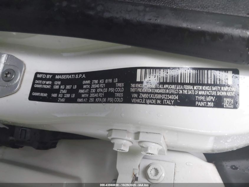 2017 Maserati Levante VIN: ZN661XUS8HX234934 Lot: 43568838