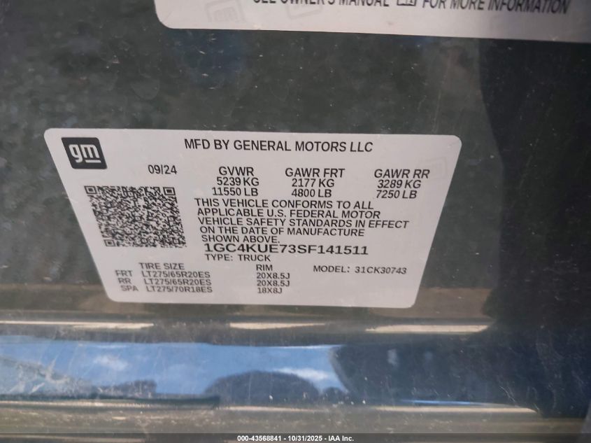 2025 Chevrolet Silverado 3500Hd 4Wd Standard Bed Ltz VIN: 1GC4KUE73SF141511 Lot: 43568841