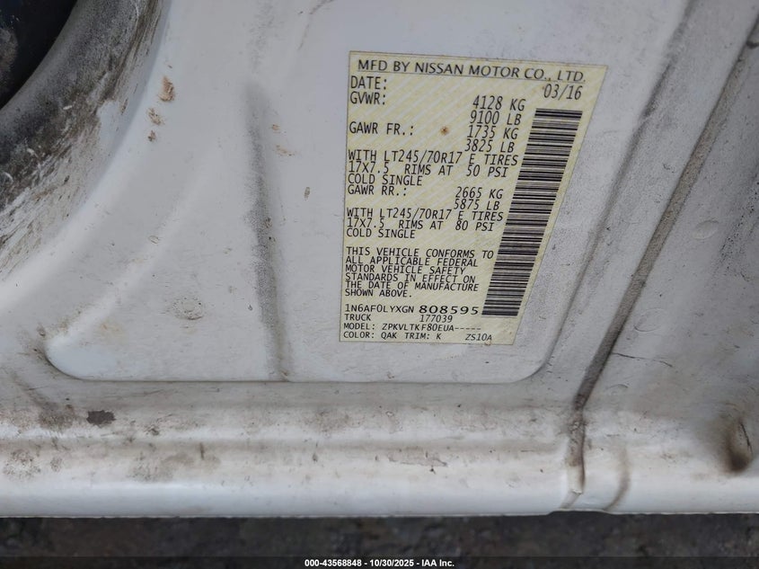 2016 Nissan Nv Cargo Nv2500 Hd Sv V8 VIN: 1N6AF0LYXGN808595 Lot: 43568848