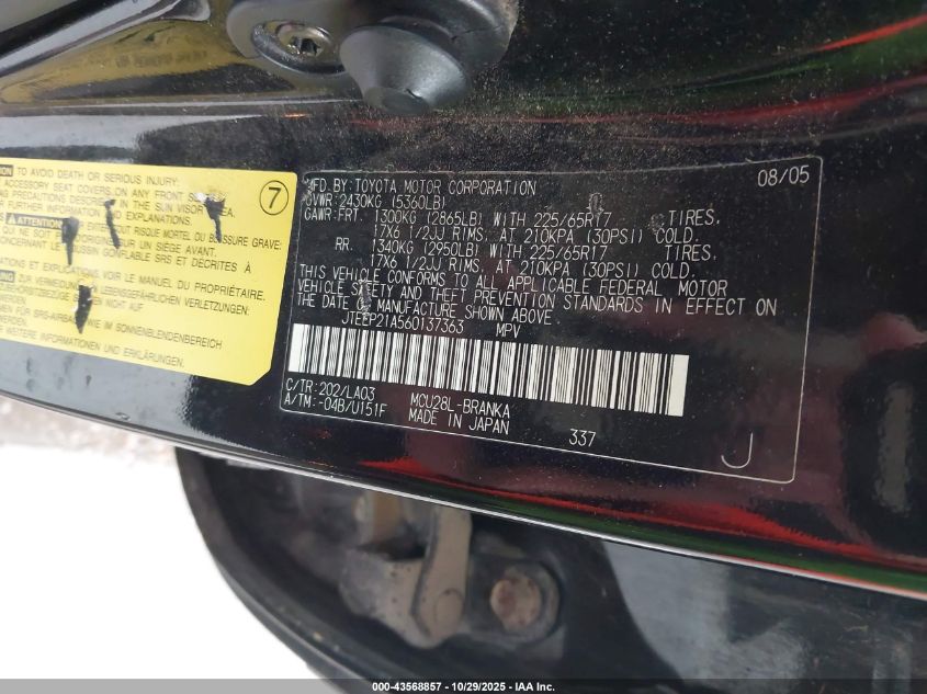 2006 Toyota Highlander Limited V6 VIN: JTEEP21A560137363 Lot: 43568857