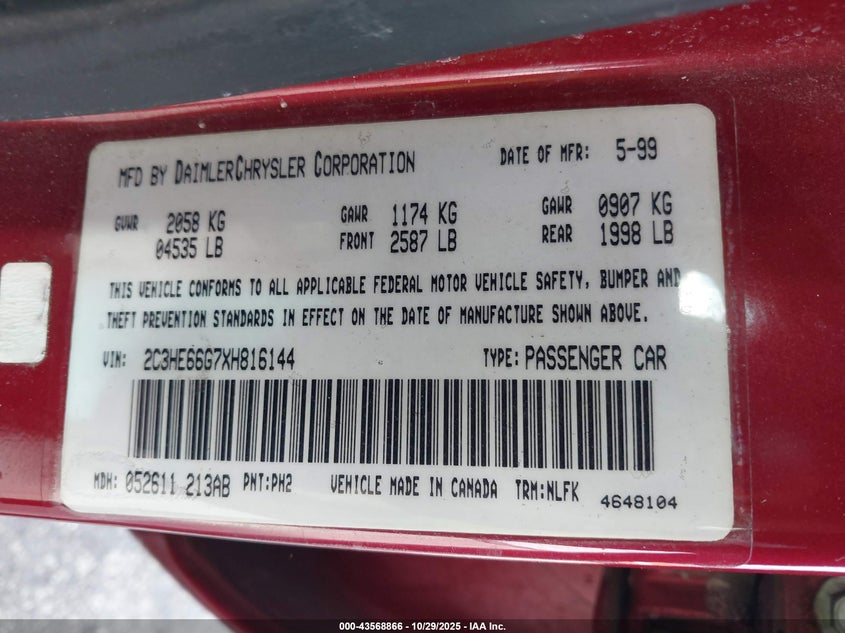 1999 Chrysler 300M VIN: 2C3HE66G7XH816144 Lot: 43568866