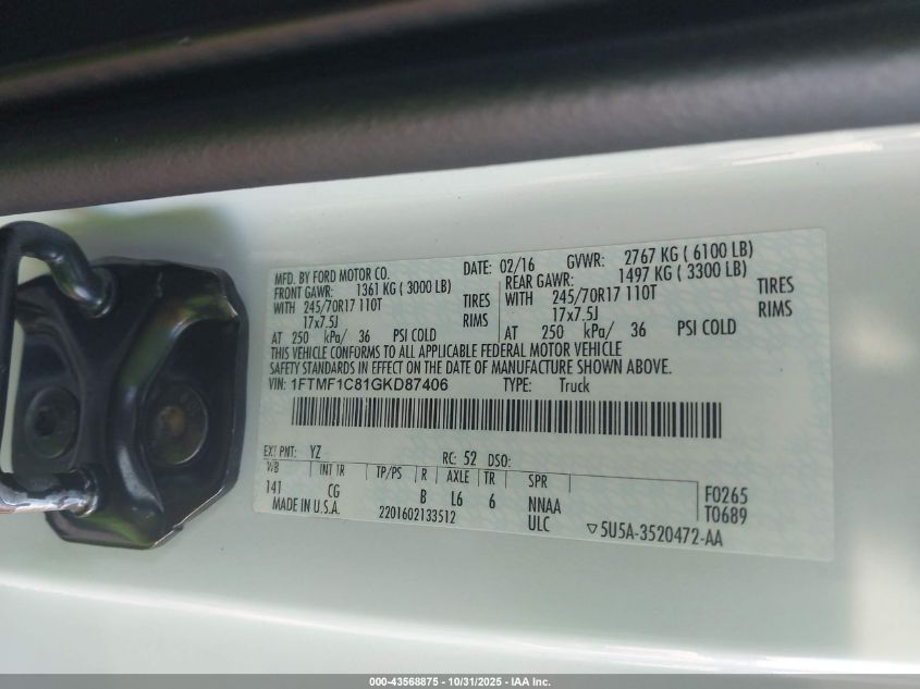 2016 Ford F150 VIN: 1FTMF1C81GKD87406 Lot: 43568875