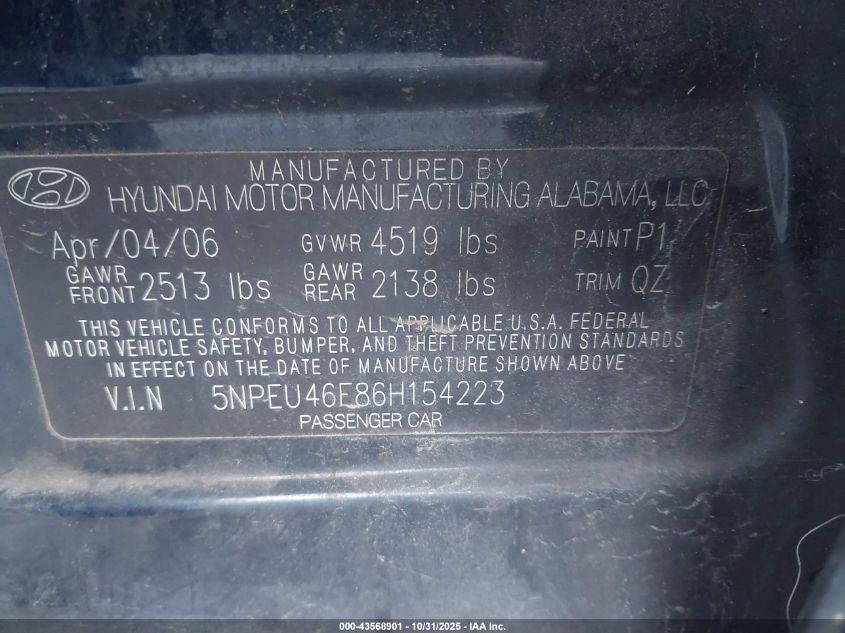2006 Hyundai Sonata Gls V6/Lx V6 VIN: 5NPEU46F86H154223 Lot: 43568901