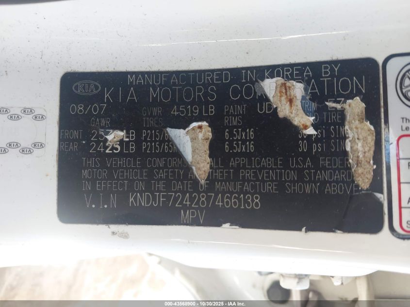 2008 Kia Sportage Lx VIN: KNDJF724287466138 Lot: 43568900
