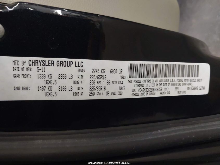 2011 Dodge Grand Caravan Mainstreet VIN: 2D4RN3DG6BR743758 Lot: 43568911