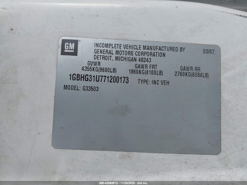 2007 Chevrolet Express Cutaway Work Van VIN: 1GBHG31U771200173 Lot: 43568912