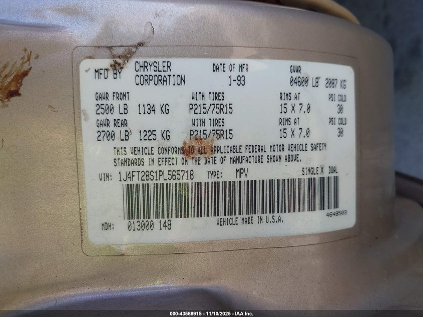 1993 Jeep Cherokee VIN: 1J4FT28S1PL565718 Lot: 43568915