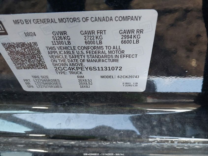 2025 Chevrolet Silverado 2500Hd 4Wd Standard Bed Ltz VIN: 2GC4KPEY6S1131072 Lot: 43568931