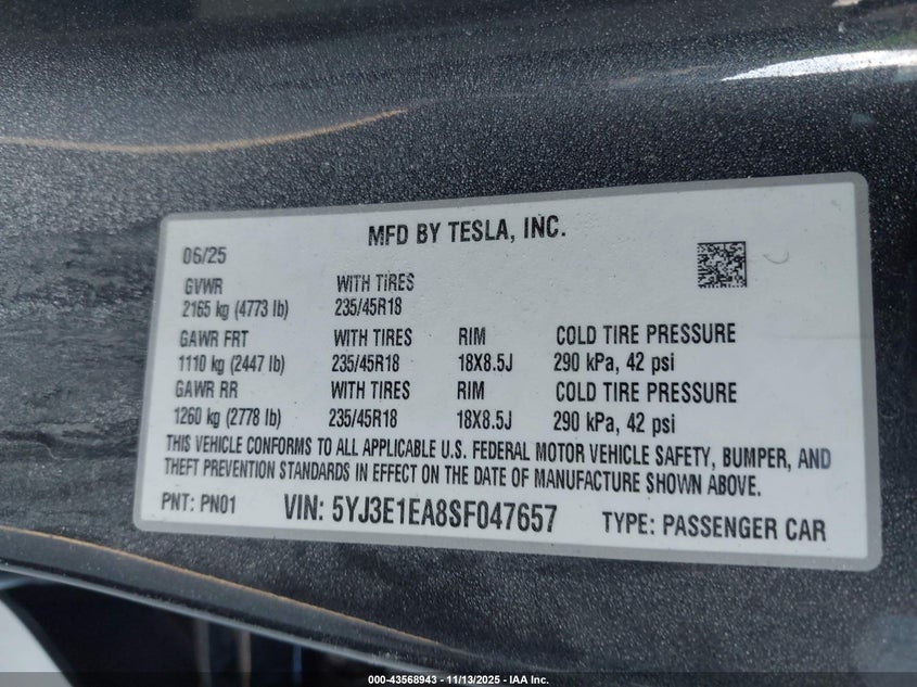 2025 Tesla Model 3 Long Range Rear-Wheel Drive/Standard VIN: 5YJ3E1EA8SF047657 Lot: 43568943