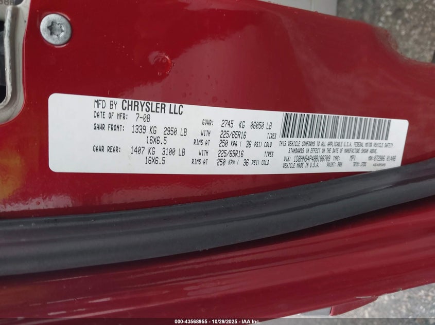 2008 Dodge Grand Caravan Sxt VIN: 1D8HN54P48B188709 Lot: 43568955