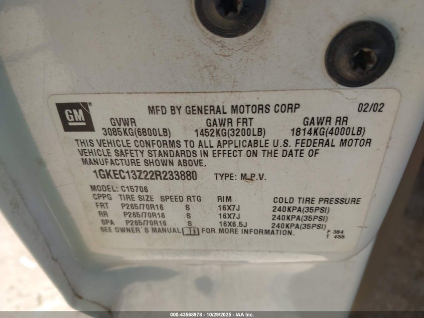 2002 GMC Yukon Slt VIN: 1GKEC13Z22R233880 Lot: 43568978