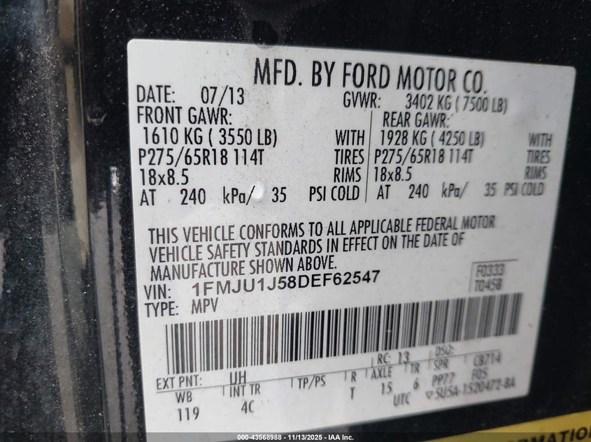 2013 Ford Expedition Xlt VIN: 1FMJU1J58DEF62547 Lot: 43568988