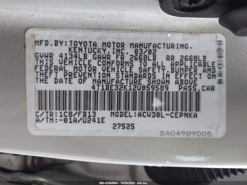 2002 Toyota Camry Le VIN: 4T1BE32K12U059558 Lot: 43568994