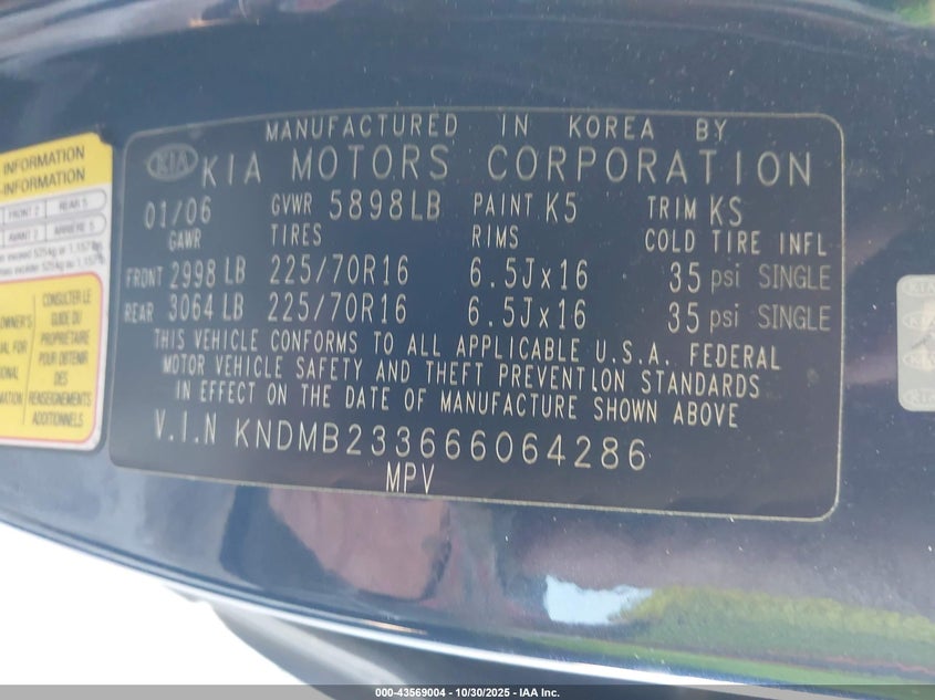 2006 Kia Sedona Ex/Lx VIN: KNDMB233666064286 Lot: 43569004
