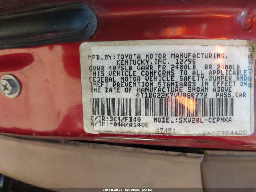 1997 Toyota Camry Le VIN: 4T1BG22K7VU060772 Lot: 43569006