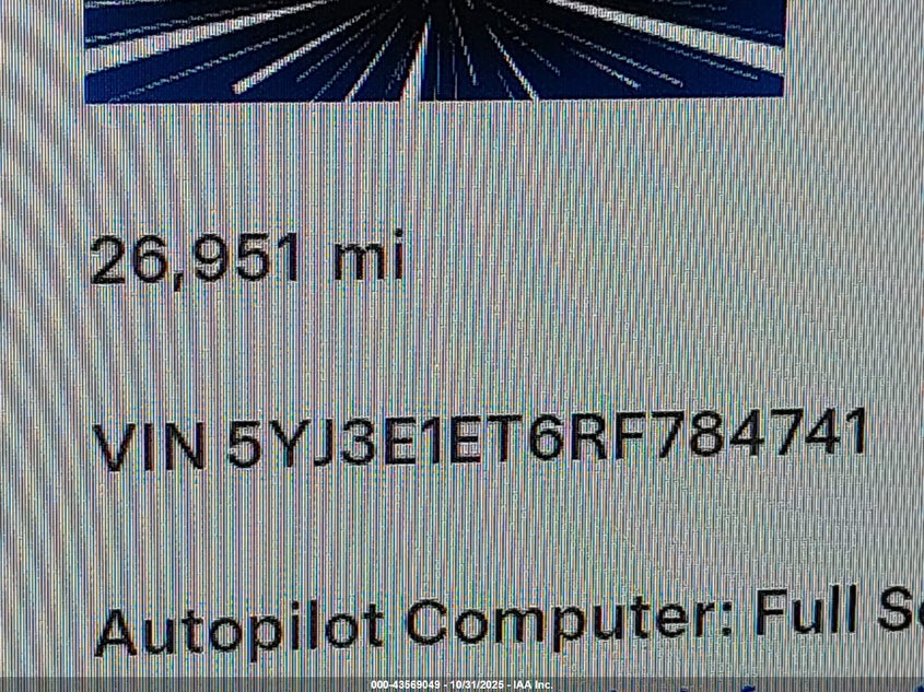 2024 Tesla Model 3 Performance All-Wheel Drive VIN: 5YJ3E1ET6RF784741 Lot: 43569049