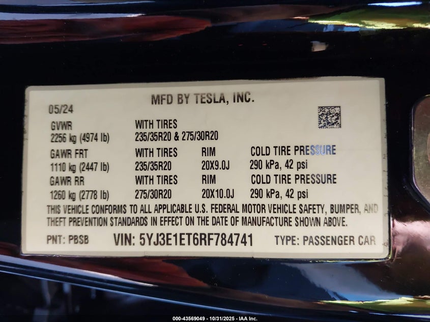 2024 Tesla Model 3 Performance All-Wheel Drive VIN: 5YJ3E1ET6RF784741 Lot: 43569049
