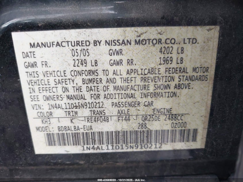 2005 Nissan Altima 2.5 S VIN: 1N4AL11D15N910212 Lot: 43569059