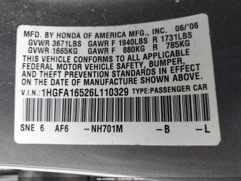 2006 Honda Civic Lx VIN: 1HGFA16526L110329 Lot: 43569060