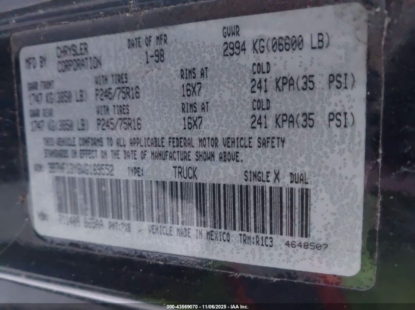 1998 Dodge Ram 1500 St VIN: 3B7HF13Y8WG169552 Lot: 43569070