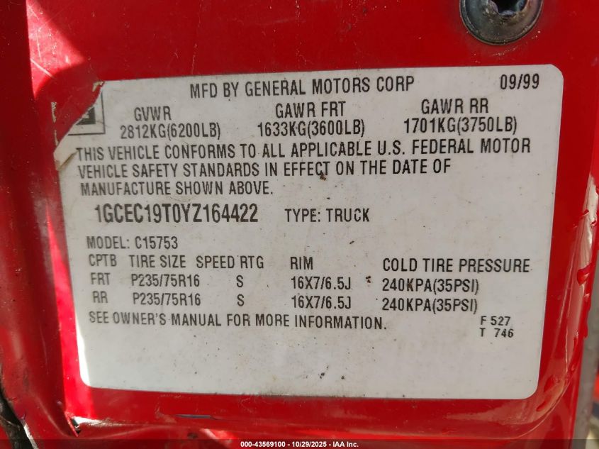 2000 Chevrolet Silverado 1500 Ls VIN: 1GCEC19T0YZ164422 Lot: 43569100