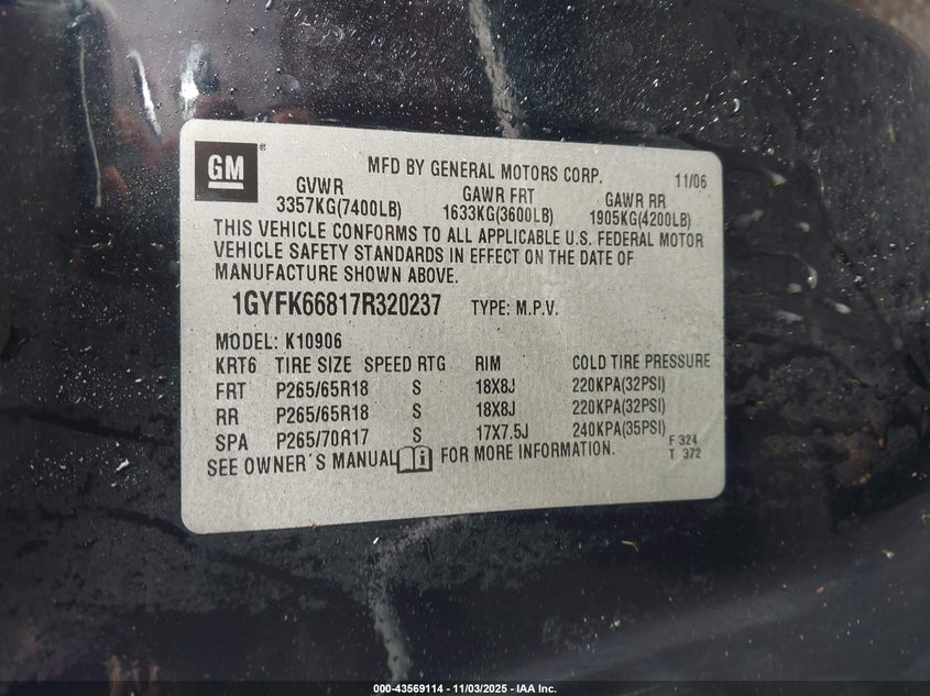 2007 Cadillac Escalade Esv Standard VIN: 1GYFK66817R320237 Lot: 43569114