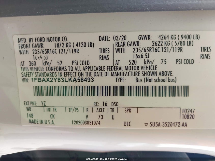 2020 Ford Transit-350 Passenger Van Xlt VIN: 1FBAX2Y83LKA58493 Lot: 43569145