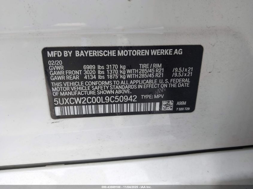 2020 BMW X7 xDrive40I VIN: 5UXCW2C00L9C50942 Lot: 43569188