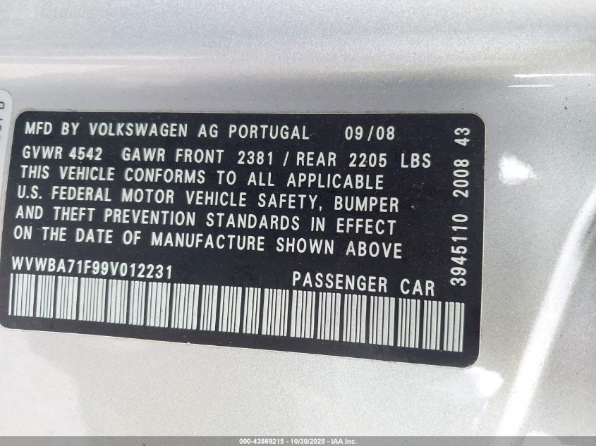 2009 Volkswagen Eos Komfort VIN: WVWBA71F99V011223 Lot: 43569215