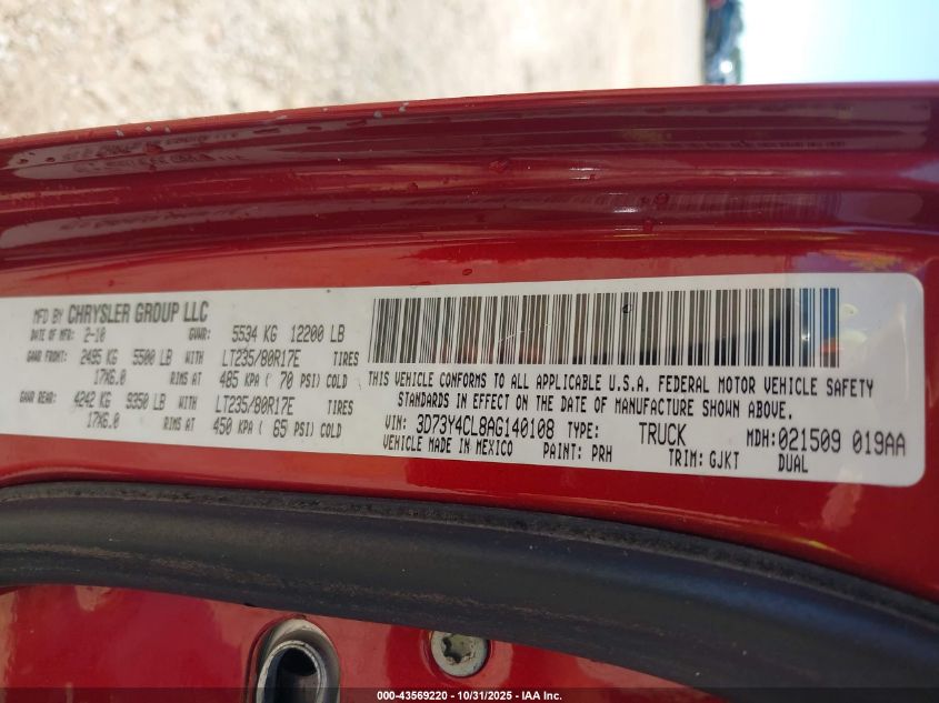 2010 Dodge Ram 3500 Laramie VIN: 3D73Y4CL8AG140108 Lot: 43569220