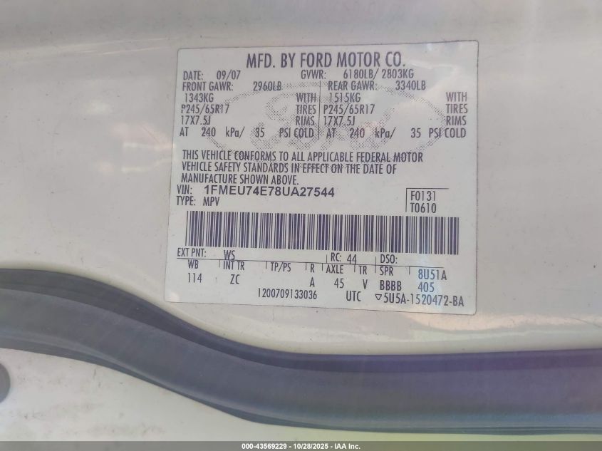 2008 Ford Explorer Eddie Bauer VIN: 1FMEU74E78UA27544 Lot: 43569229