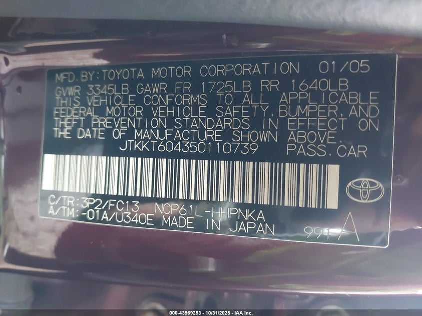 2005 Scion Xa VIN: JTKKT604350110739 Lot: 43569253