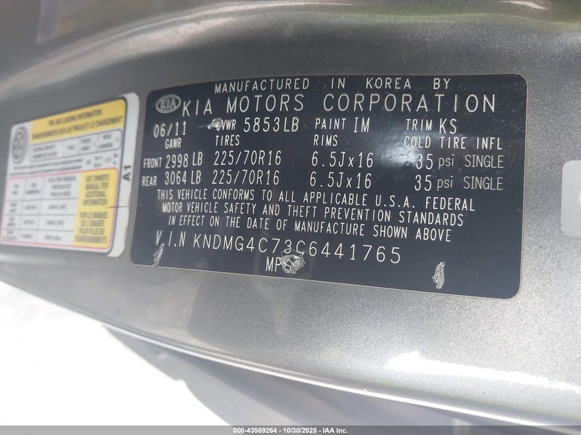 2012 Kia Sedona Lx VIN: KNDMG4C73C6441765 Lot: 43569264