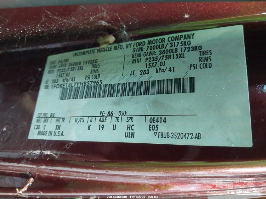 2000 Ford E-150 Recreational VIN: 1FDRE14L7YHB37965 Lot: 43569289