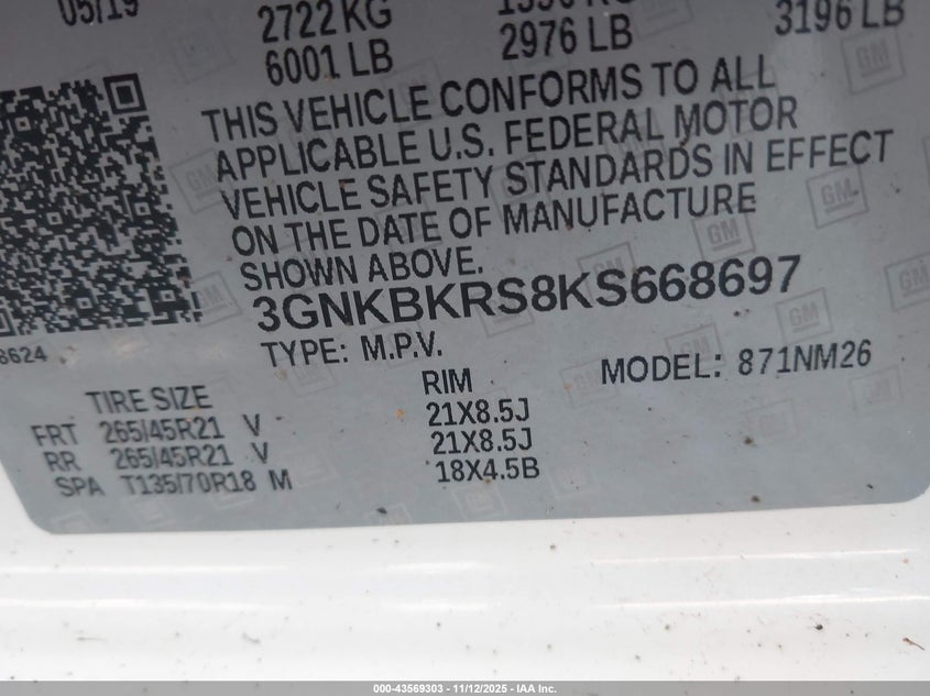 2019 CHEVROLET BLAZER PREMIER 3GNKBKRS8KS668697