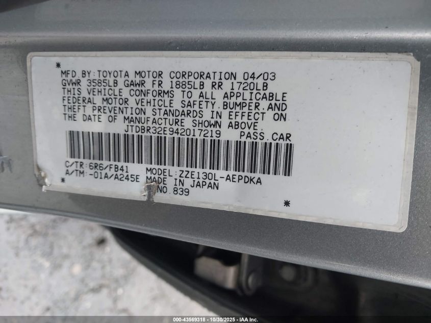 2004 Toyota Corolla Ce VIN: JTDBR32E942017219 Lot: 43569318