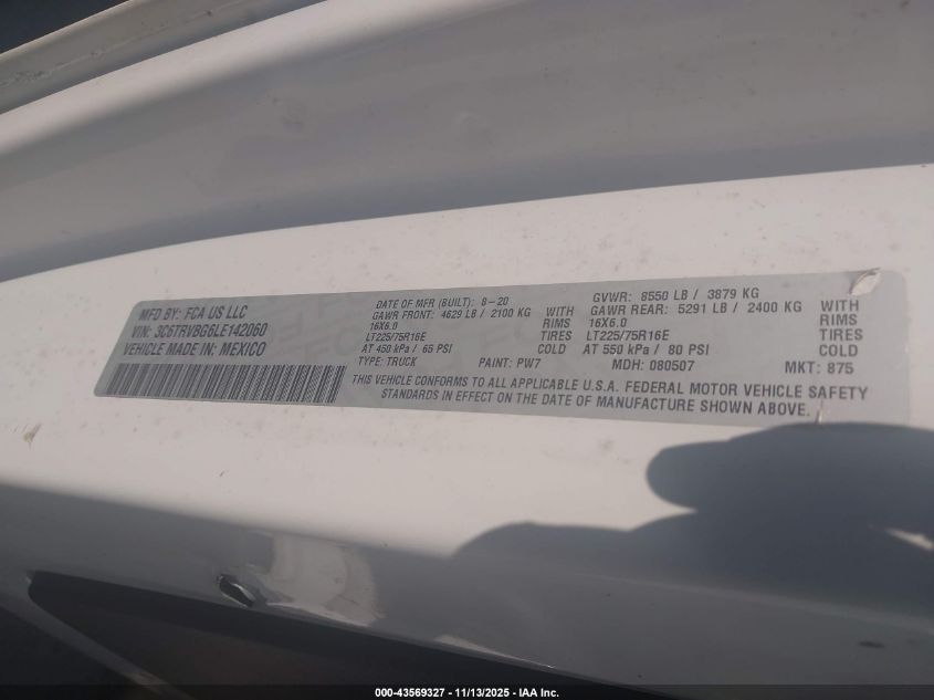 2020 Ram Promaster 1500 High Roof 136 Wb VIN: 3C6TRVBG6LE142060 Lot: 43569327