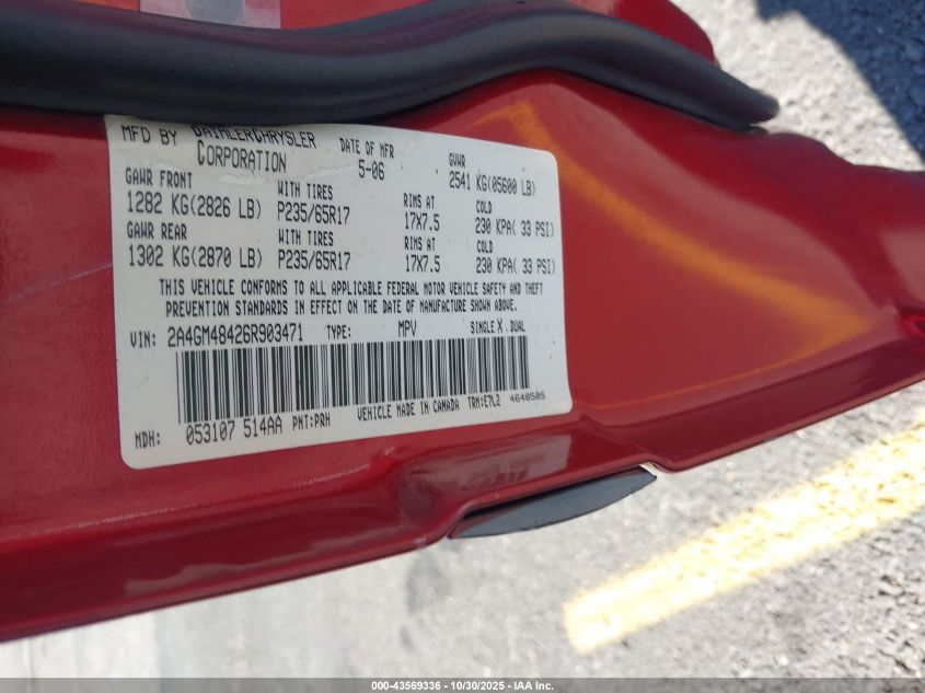 2006 Chrysler Pacifica VIN: 2A4GM48426R903471 Lot: 43569336