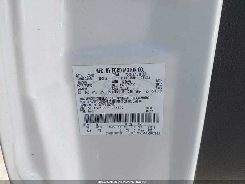 2006 Lincoln Mark Lt VIN: 5LTPW18536FJ16802 Lot: 43569356