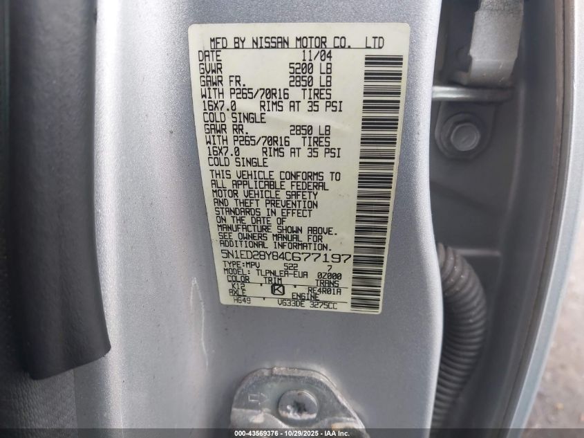 2004 Nissan Xterra Xe VIN: 5N1ED28Y84C677197 Lot: 43569376