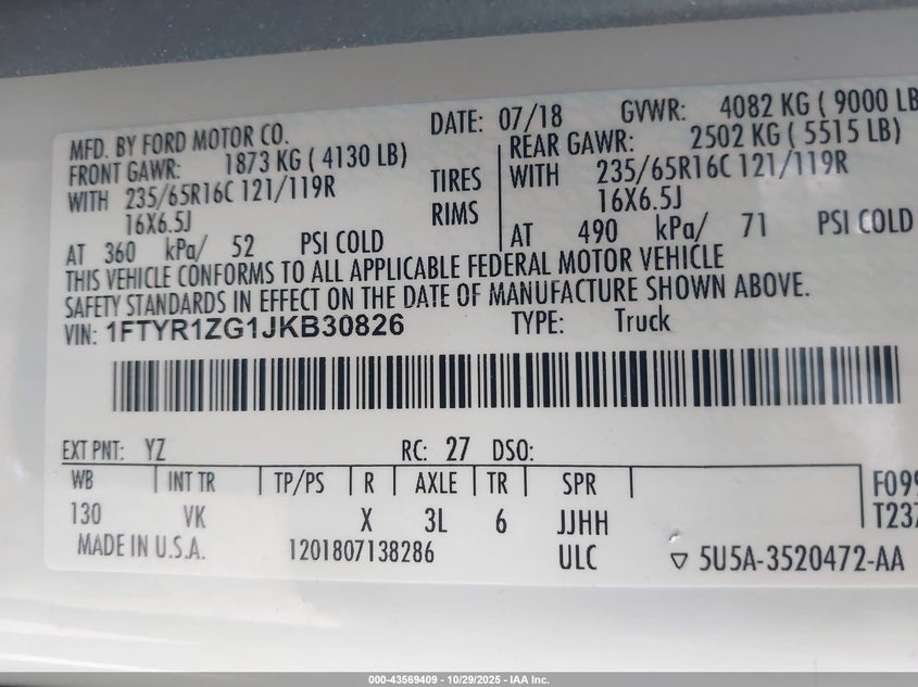 2018 Ford Transit-250 VIN: 1FTYR1ZG1JKB30826 Lot: 43569409