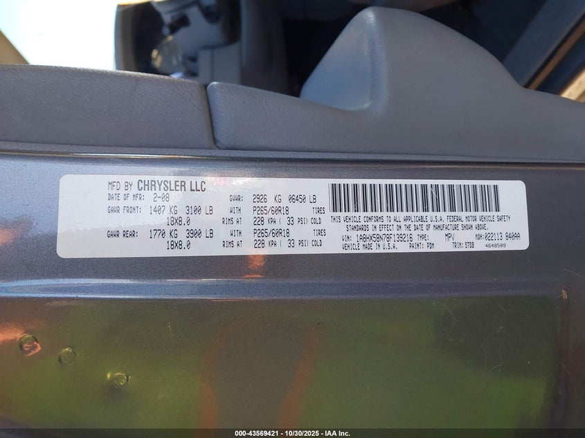 2008 Chrysler Aspen Limited VIN: 1A8HX58N78F139216 Lot: 43569421