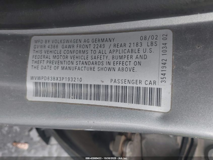 2003 Volkswagen Passat Gls VIN: WVWPD63BX3P193210 Lot: 43569433