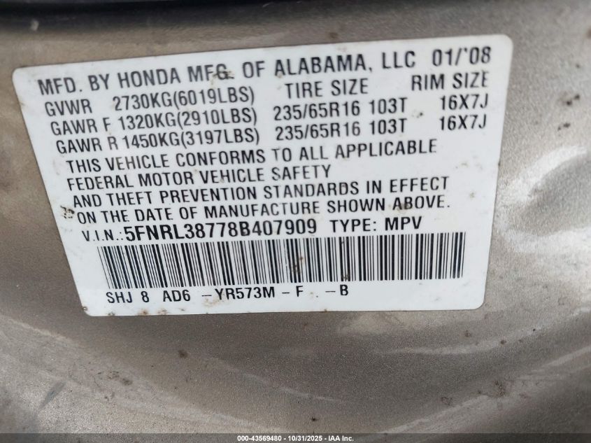 2008 Honda Odyssey Ex-L VIN: 5FNRL38778B407909 Lot: 43569480