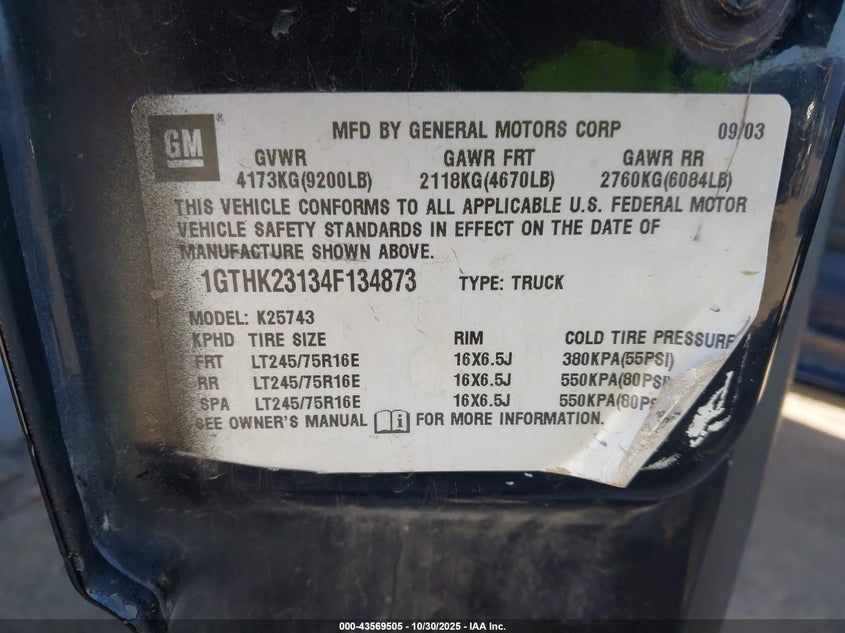 2004 GMC Sierra 2500Hd Sle VIN: 1GTHK23134F134873 Lot: 43569505